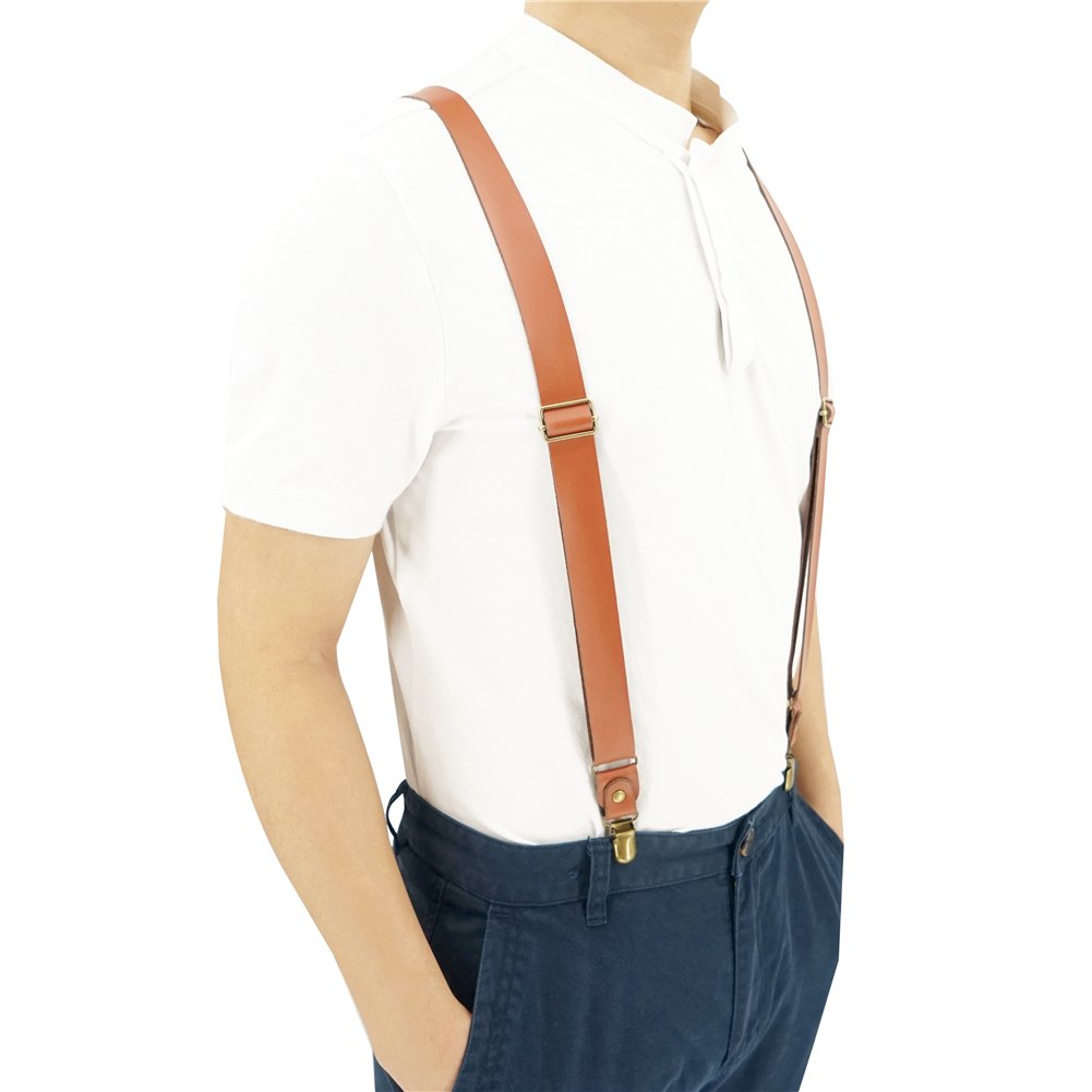 Lawevan 1 Inch Wide Suspenders for men,Soft Cattlehide Split Cow Leather,England Style, Y-shaped Adjustable 4 Braces Clips