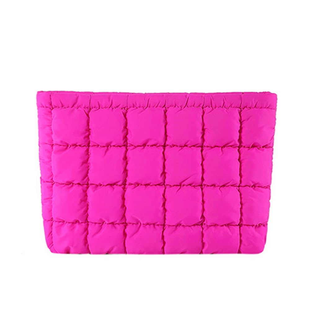 FITINI Makeup Bag Travel Large Portable Quilted Cosmetic Organizer Cute Pouch for Women Soft Puffy Zipper Waterproof Toiletry Storage Bags,Quilting Puff Rose