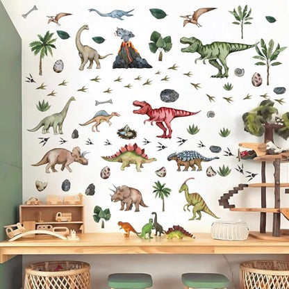 Large Dinosaur Wall Stickers Peel and Stick Dinosaur Footprint Wall Decals Tropical Leaf Palm Tree Wall Stickers Dino Feet Colorful Dinosaurs Wall Decals for Boys Room Bedroom Nursery