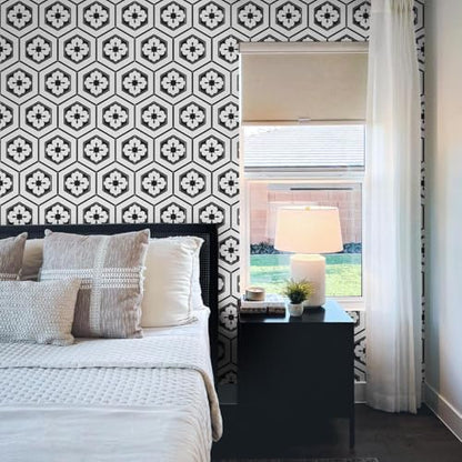Naphite Black and White Peel and Stick Wallpaper Boho Geometric Black Modern Self Adhesive Removable Wallpaper for Bathroom Kitchen Backsplash Waterproof Contact Paper for Cabinets 17.3inW 78.7inL