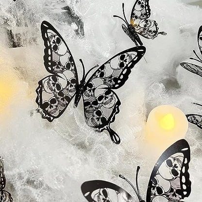 12PCS Butterfly Wall Stickers, 3D Double-Layer Skull Butterflies Wall Decals Halloween Wall Decor Gothic Black Butterfly Design Halloween Wall Stickers for Home Room Bedroom Festival Party Decoration