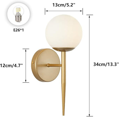 BOKT Mid Century Modern Globe Wall Sconce Set of Two Brushed Brass Bathroom Wall Sconce Light Set of 2 Frosted White Glass Gold Wall Lamp 2-Pack Bedroom Wall Lights (White)