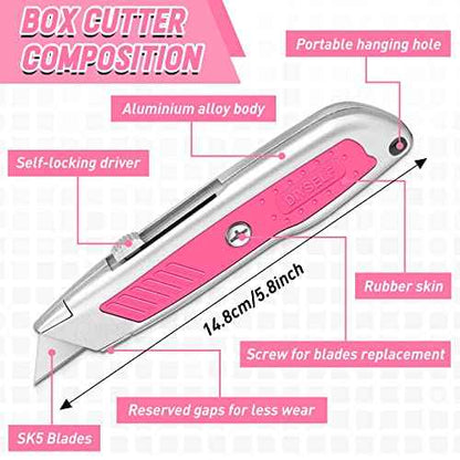DIYSELF 2 Pack Box Cutters, Aluminum Utility Knife, Box Cutter Retractable, Sturdy Razor Knife for Cardboard, Boxes, Packages, Papers, Cartons, Navajas de Trabajo