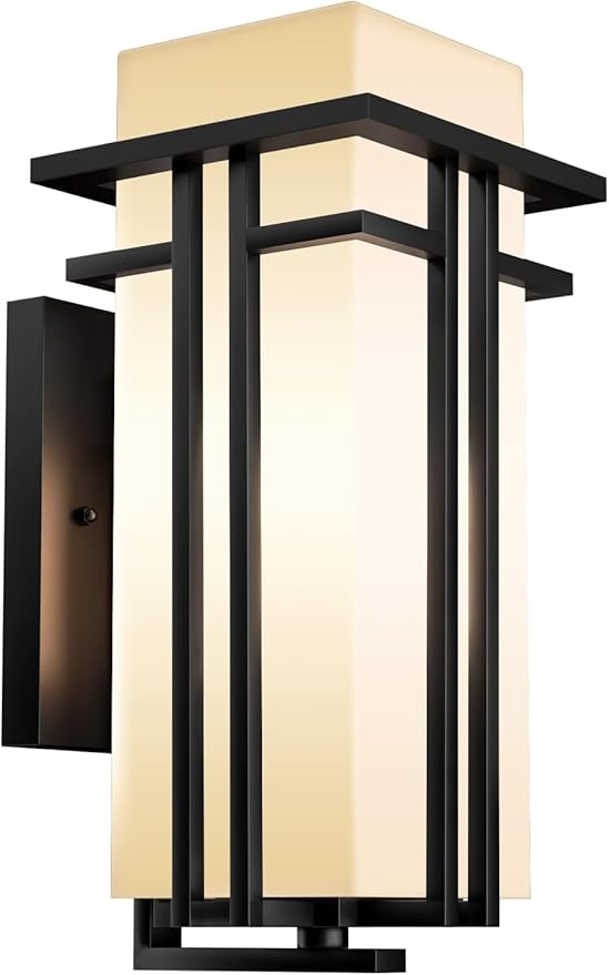Outdoor Wall Light Fixtures, Exterior Waterproof Lanterns, Porch Sconces Wall Mounted Lighting with Modern Frosted Glass, Black Aluminum Wall Lamps for Patio Front Door Entryway, (Type_A 15.4''H)