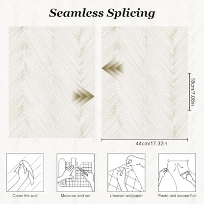 Peel and Stick Wallpaper Boho Beige Herringbone Striped Wallpaper Modern Self-Adhesive Removable Contact Paper 17.3" x 120" Waterproof Vinyl for Bedroom Cabinets