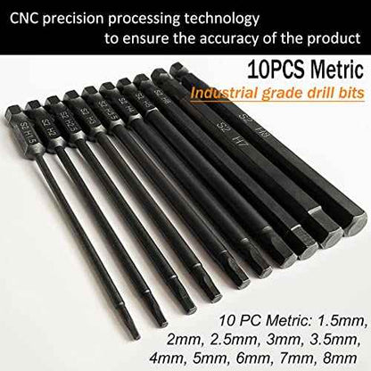 PTSLKHN 10-Piece Metric Hex Shank Drill Bit Set | 4" S2 Alloy Steel Allen Wrench Bits | Magnetic Tips for Precision | Industrial-Grade Durability