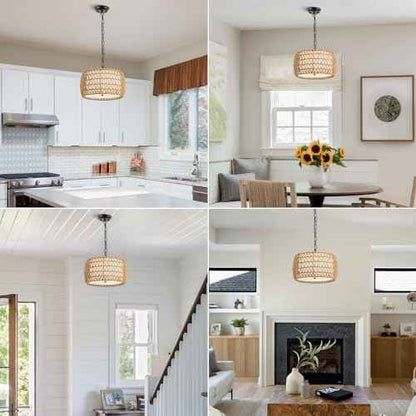 WILON 12.4'' 3-Light Rattan Chandelier with Fabric Shade, Dining Room Light Fixtures Over Table, Modern Boho Pendant Lights Kitchen Island Lighting, Farmhouse Rustic Drum Hanging Lamp with E26 Base