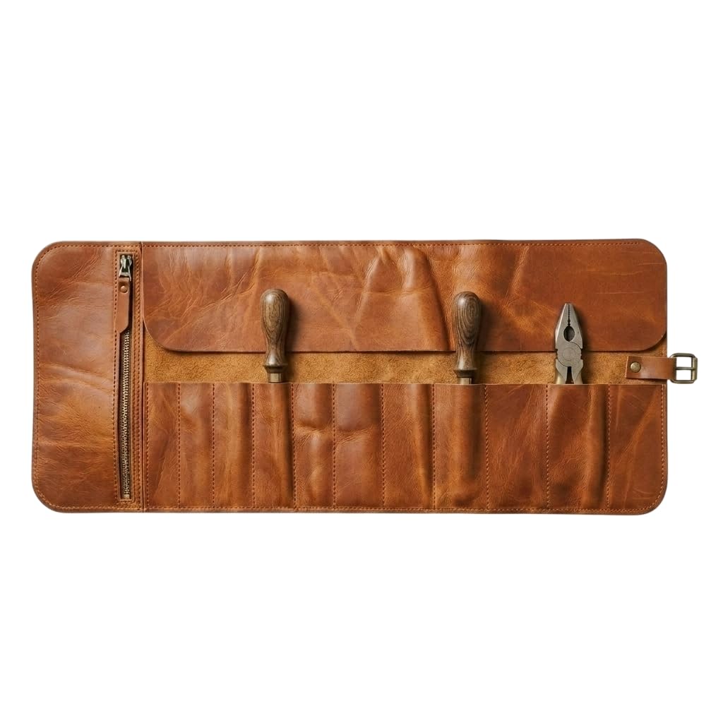 TORAKIP Genuine Leather Tool Roll – Compact Roll-Up Tool Organizer with Multiple Pockets for Wrenches, Screwdrivers & Pliers – Portable Leather Tool Storage Case, Warm Brown (Tools Not Included)