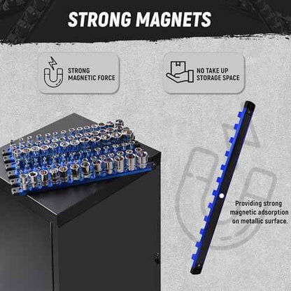 ALOANES Magnetic Socket Organizer Set, 3-Piece Heavy Duty Aluminum Socket Holder Socket Rail Organizer for Tool Box, 360¡Æ Swivel Clips Socket Rack 1/4, 3/8, 1/2-Inch x 40 Clips (Blue)