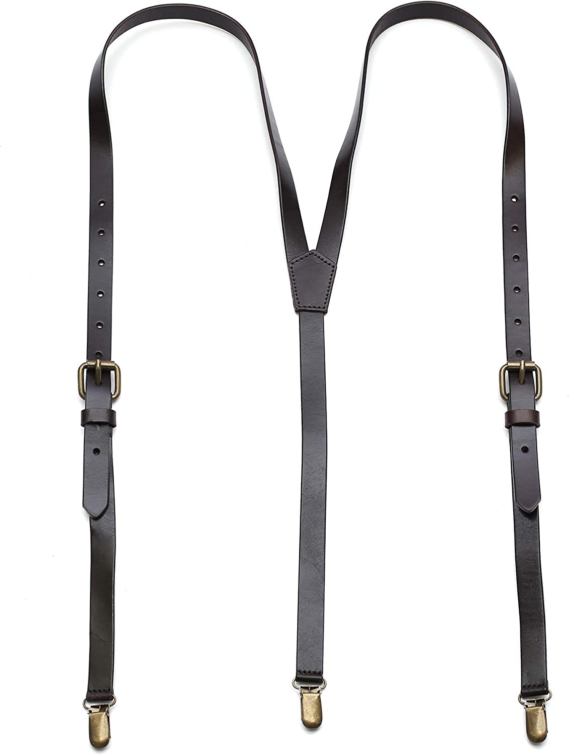 RC ROCKCOW Brown Leather Suspenders for Men Wedding Vintage Y Back Suspenders Tagger Snaps Wedding Party Best Groomsmen Gifts