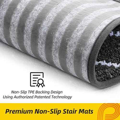 Non-Slip Stair Treads for Wooden Steps Indoor, 15 Pack 9" X 28" Edging Stair Carpet Mat with TPE Backing, 0.4" Thick Stair Runners for Kids Elders & Pets, 100% Polyester Stair Rugs, Black&White