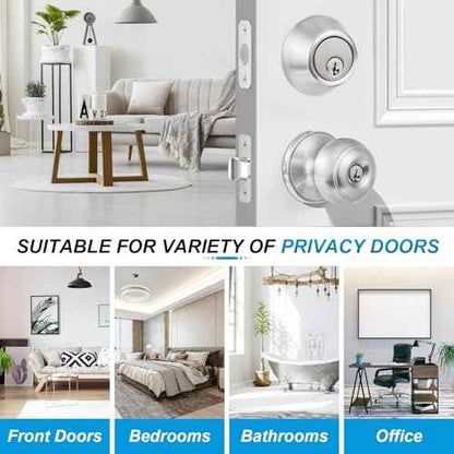 3 Pack Entry Door Lock and Single Cylinder Deadbolt Combo Set, Keyed Alike Satin Nickel Exterior Door Knobs with Lock&Keys, Round Ball Door Locksets with Deadbolt for Entrance and Front Door