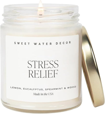 Sweet Water Decor Stress Relief Soy Candle - Lemon, Eucalyptus, Mint, Jasmine Scented Relaxing Candles for Home - 9oz Clear Jar + Gold Lid, 40+ Hour Burn Time, Made in The USA