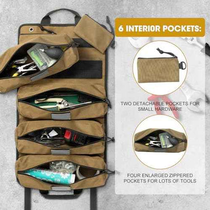 Tool Roll Bag Organizers- Heavy Duty Roll Up Tool Bag Organizer 6 Tool Pouches with Labeled, Small Tool Bag Removable Pouches, Gifts for Electrician,Carpenter, Plumber, Mechanic, Hobbyist