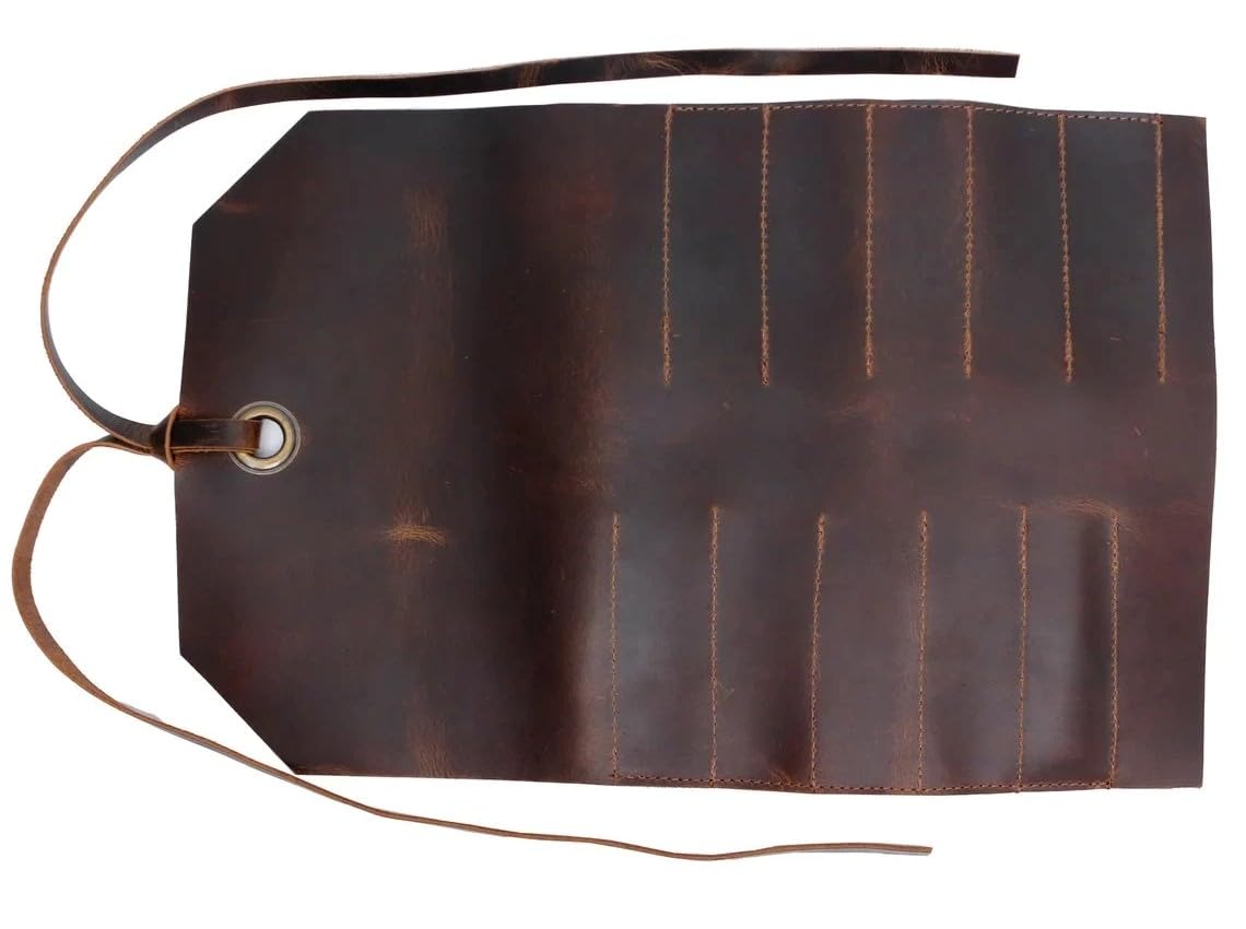 Leather Tool Roll Up Pouch (10 Slots) - Leather Tool Wrench Roll/Chisel Bag Portable Carry-On Pouch, Workshop Storage, Woodworking Tools Organizer (Mustard Brown)