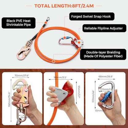 Tree Climbing Flipline Kit - Flip Line1/2 X8ft Tree Climbing Rope with Triple Lock Carabiner Adjuster Steel Swivel Snap for Fall Protection,Climbing Tree Equipment