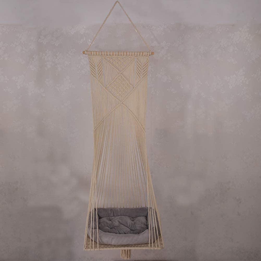 Sdjazl Macrame Hanging Cat Hammock Bed Cat Swing House Space Saving Window Perch with Washed Cotton Cats Toy Tassel Basket Tapestry (Beige, Swing Bed+Cushion)