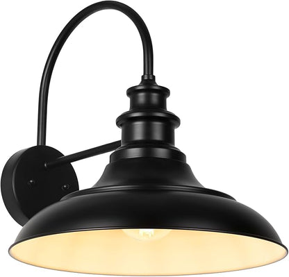 Outdoor Barn Light Fixture, 16 Inch Large Dome Farmhouse Exterior Wall Mount Light, Rustic Gooseneck Wall Sconce Indoor Wall Lighting Fixture, Industrial Black White Lantern for Porch, 1 Pack