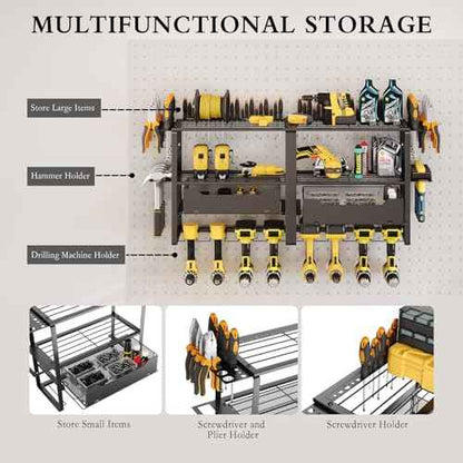 Power Tool Organizer Wall Mount, Tool Organizer and Storage for Garage, 8 Drill Holder with 2 Tool Drawers, 4 Layer Garage Tool Rack, Garage Wall Organizer with Screwdriver/Plier/Hammer Holder(Black)