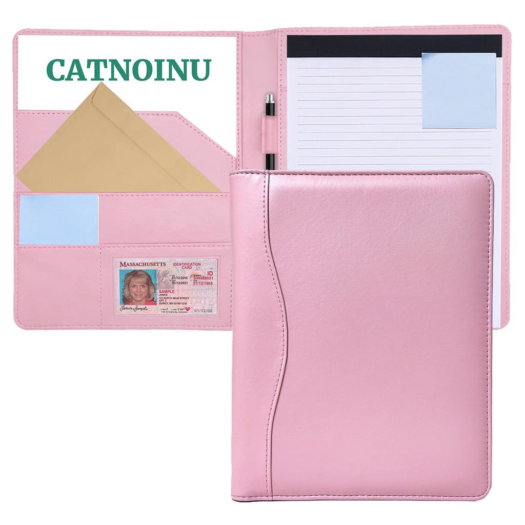 PU Leather Portfolio Folder with 30 Pages Paper Padfolio Business Organizer Document Planner Binder Storage Pocket for Legal Pad Holder Paperwork Phone Men Women (A5, Pink)