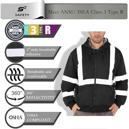 sesafety High Visibility Safety Hoodie for Men Fleece Lined ReflectiveZip up Sweatshirt Class 3 Heavy Duty Hi Vis Jacket