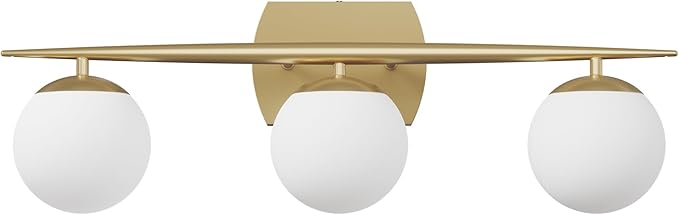 Gold Bathroom Light Fixtures, 3-Light 25.1 Inch Modern Light Fixture Bathroom with Milky White Frosted Glass Shades, Wall Sconces for Bathroom, Bedroom, Living Room(G9 Bulb not Included)