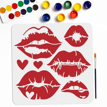 MAYJOYDIY Lip Stencil Kiss Lips DIY Stencil 11.8¡¿11.8inch Large Love Lips Lipstick Mouth with Paint Brush Reusable Woman Lip Print Templates for Wood Wall Furniture Canvas Decor