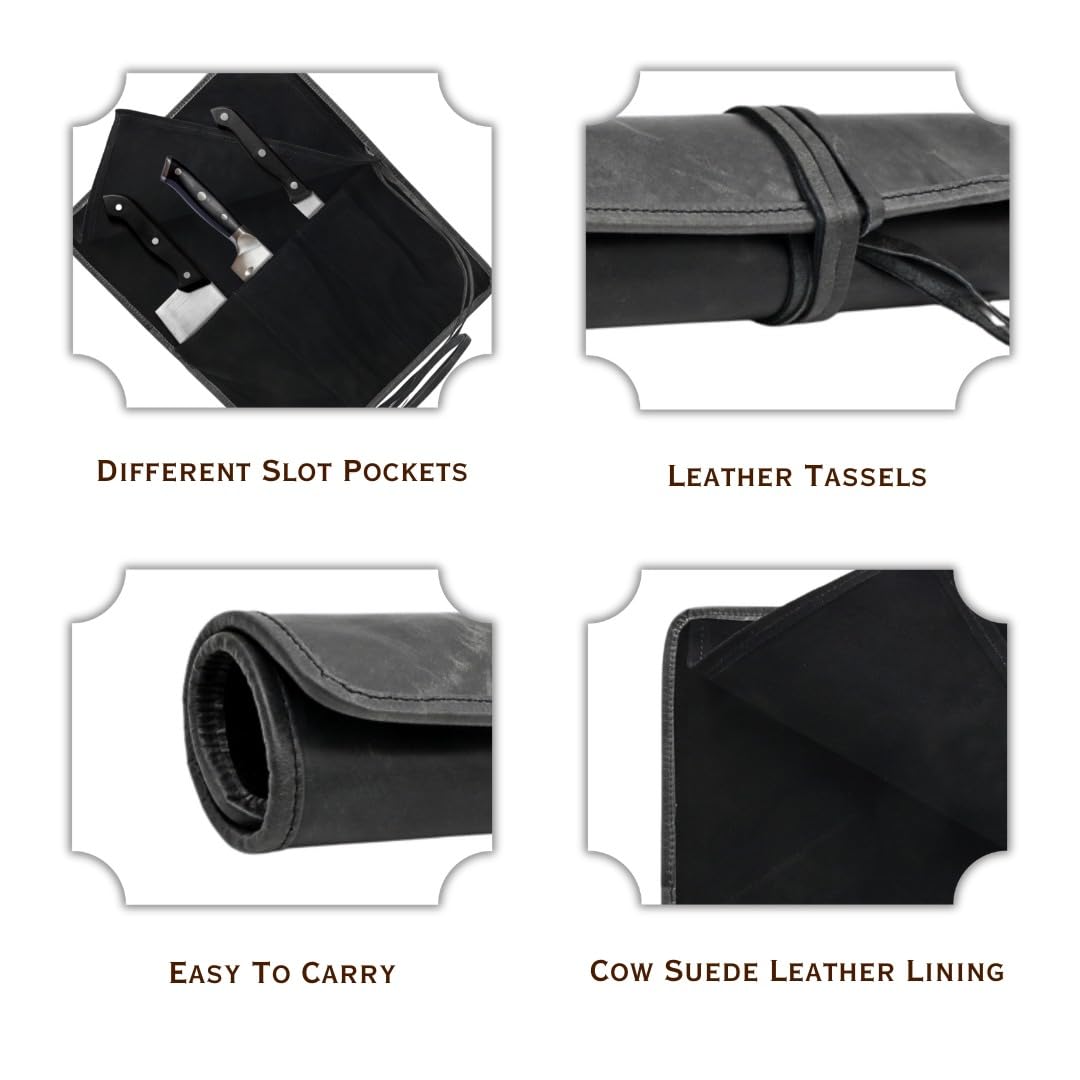 Autentico Genuine Buffalo Leather Small Knife Case Holder Chef's Knife Roll Holder Cutlery Sheath Carrying Case Organizer Storage Bag Travel Friendly Artist Gift for Men & Women Teak
