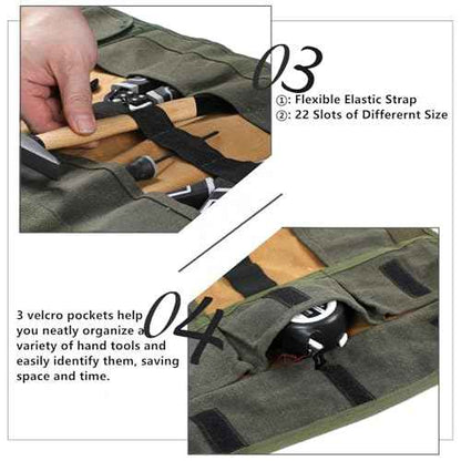 Wrench Tool Roll, Heavy Duty Waxed Canvas Multi-Purpose Tool Pouch Bag with 25 Pockets, Easy Storage, Durable (Khaki)