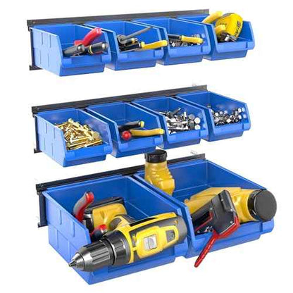 WALMANN Wall Mounted Storage Bins for Small Parts, 10 Bins with 3 Metal Rails, Plastic Wall Bins for Screws, Bolts, Nuts, Craft Room, Workshop, and Garage Storage Bins(Blue)
