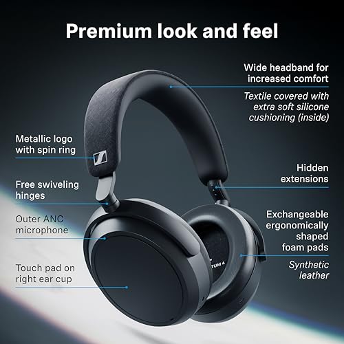 Sennheiser Momentum 4 Wireless Noise Cancelling Headphones - Bluetooth Headset for Crystal-Clear Calls with Adaptive Noise Cancellation, Over-Ear Headphones, 60h Battery Life, Folding Design, Black