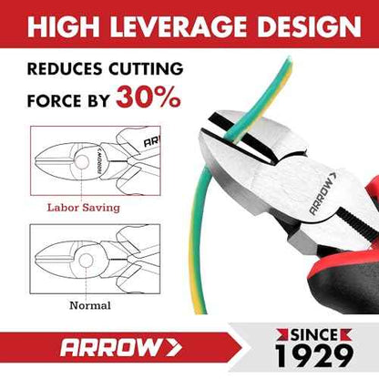 ARROW High Leverage Diagonal Pliers, 6 Inch Wire Cutters with Comfortable TPR Handle, High Carbon Steel Side Cutters for Cutting Wire