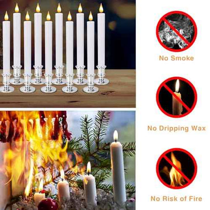 LED Flameless Window Candles with Remote Timer Sliver Base 10 PCS Battery Operated Flickering Taper Candle Lights with Removable Candle Holders Best Gift for Xmas Wedding Home Dinner D?cor
