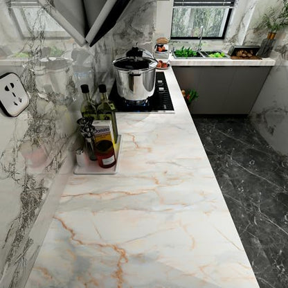 16"¡¿118" Thick Blue Gold Marble Wallpaper Peel and Stick Glossy Marble Contact Paper for Backsplash Countertops Vinyl Wrap Waterproof Faux Granite Wall Tile Sticker for Cabinets Kitchen Walls