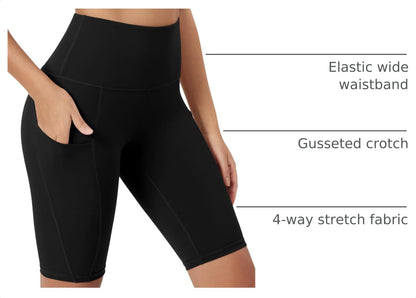 ODODOS 8" Tummy Control Biker Shorts for Women with Pockets High Waist Running Workout Athletic Yoga Shorts, Black, Medium
