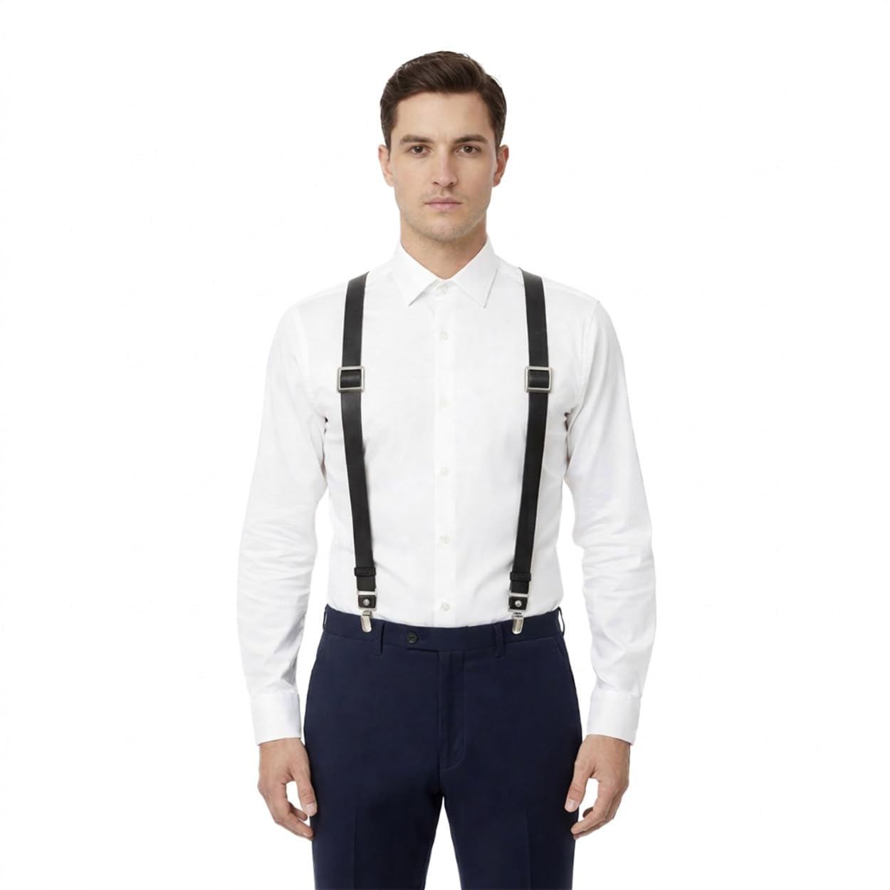 Voolup Leather Suspenders for Men Y-Back Adjustable with 4 Metal Clips Genuine Brown Wedding Groomsmen Gift (Black)