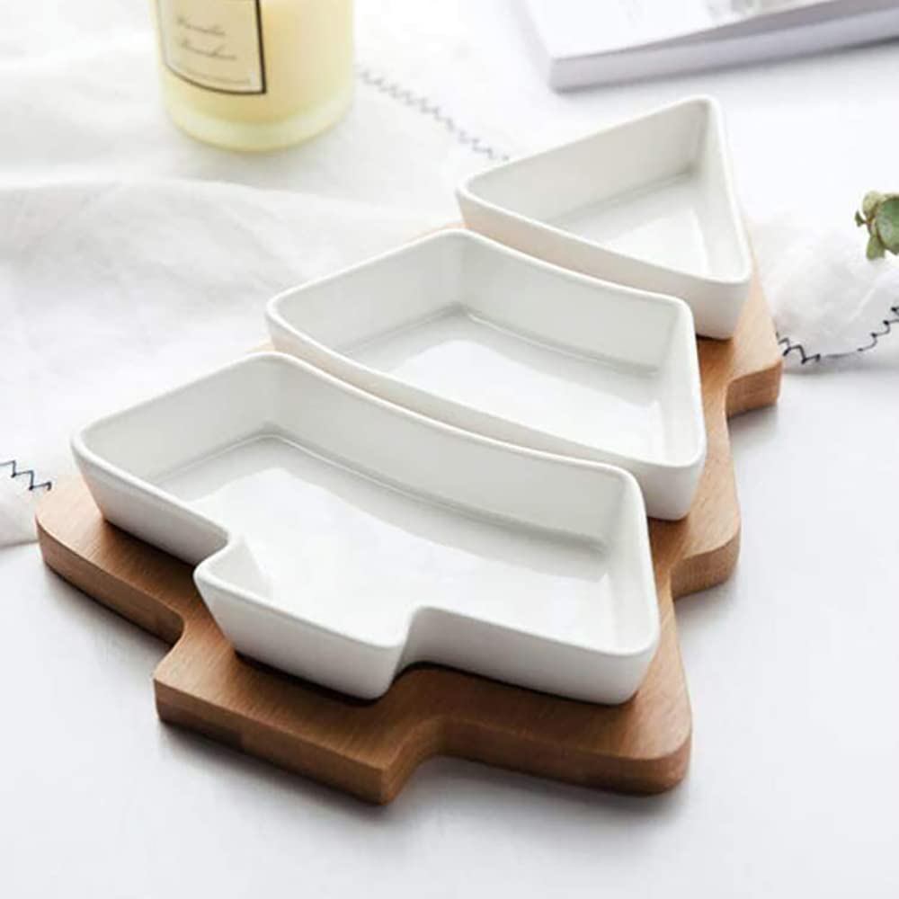 Bamboo Christmas Tree Tray, Ceramic Serving Dishes Set In Christmas Themed Design Serving Bowls for Parties, Perfect for Veggies, Candy and Snacks, White
