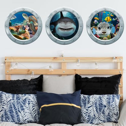 Runtoo Under The Sea Wall Decals Stickers 3D Shark Sea Turtle Window Clings for Kids Room Nursery Bedroom Bathroom Home Decor [3PCS]