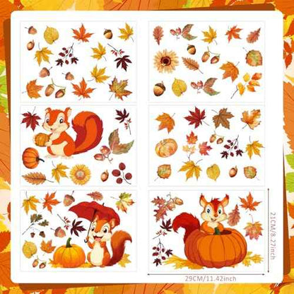107 Pcs 6 Sheets Thanksgiving Fall Leaves Wall Decals Squirrel Acorn Pumpkin Autumn Wall Decals Peel and Stick Removable Wallpaper Thanksgiving Stickers for Window Living Room Home