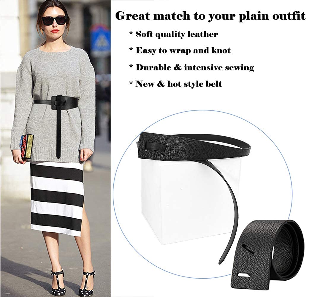 ALAIX Women's Leather Belt Dress Belt for Jeans Jumpsuit Coat Fashion Tie a Knot Genuine Leather Waist Belt Black