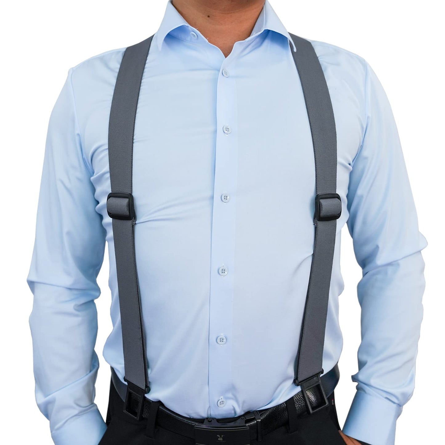 KUNN Men's 1.5 inch Adjustable Y Back Suspender,Elastic Hook End Suspenders,Grey