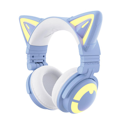 YOWU Cat Ear Headphones CE, Wired/Wireless Blue Gaming Headsets with Seamless Live Sound Experience for PC/PE/Switch/PS4/PS5, Built-in Mic & Customizable RGB Light Effect for Anime Lovers