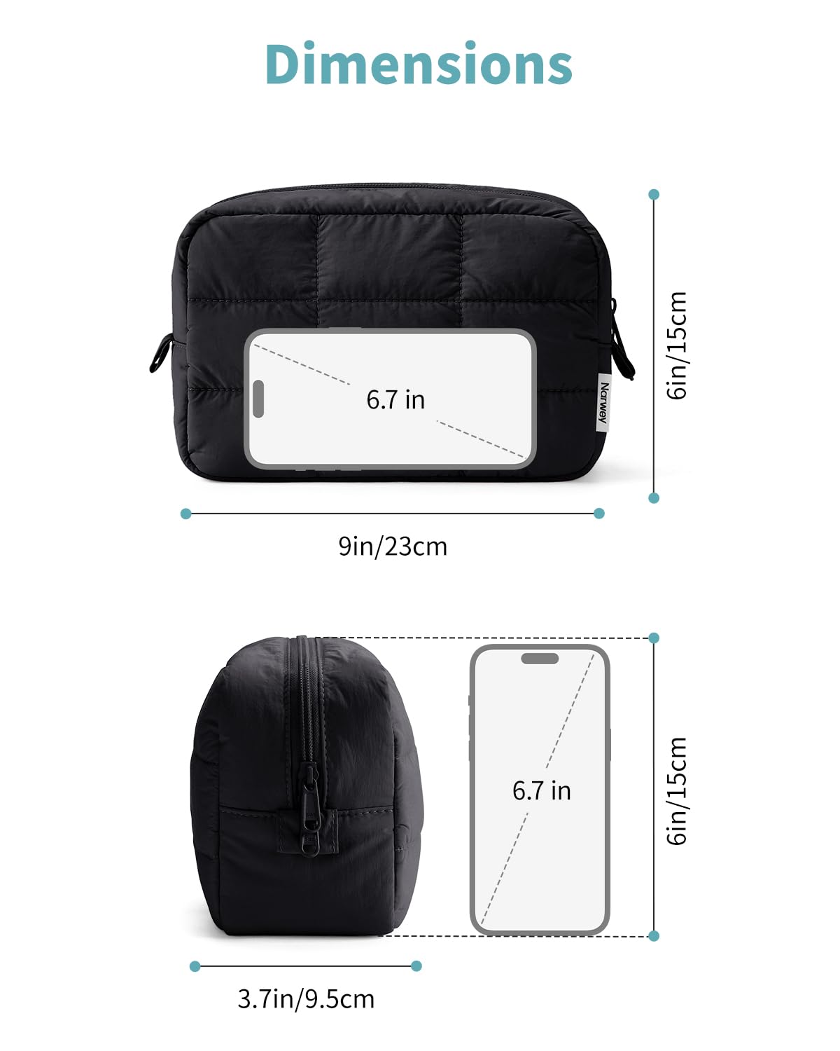 Narwey Puffer Makeup Bag for Women Girl, Quilted Travel Cosmetic Bag Puffy Make Up Bag Organizer, Cute Travel Toiletry Bag for Toiletries (Black)