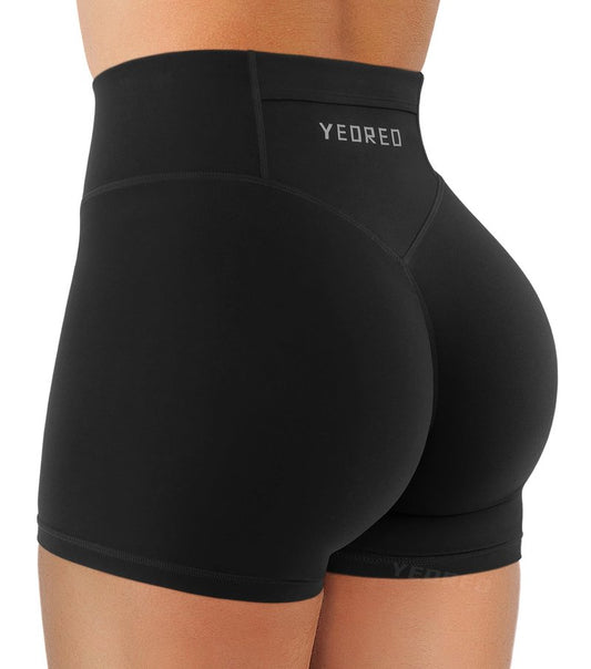 YEOREO Hidden Scrunch Workout Shorts with Pocket 3.5'' Inseam High Waist Gym Yoga Shorts Black L