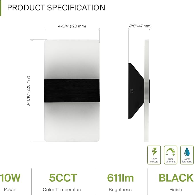 ASD 8 Inch LED Indoor Wall Sconce - Modern Interior 10W 120V 2700K-5000K Adjustable Dimmable Wall Mounted Light Fixtures, Acrylic Glass Wall Lights for Stairway, Hallway - ETL, Matte Black