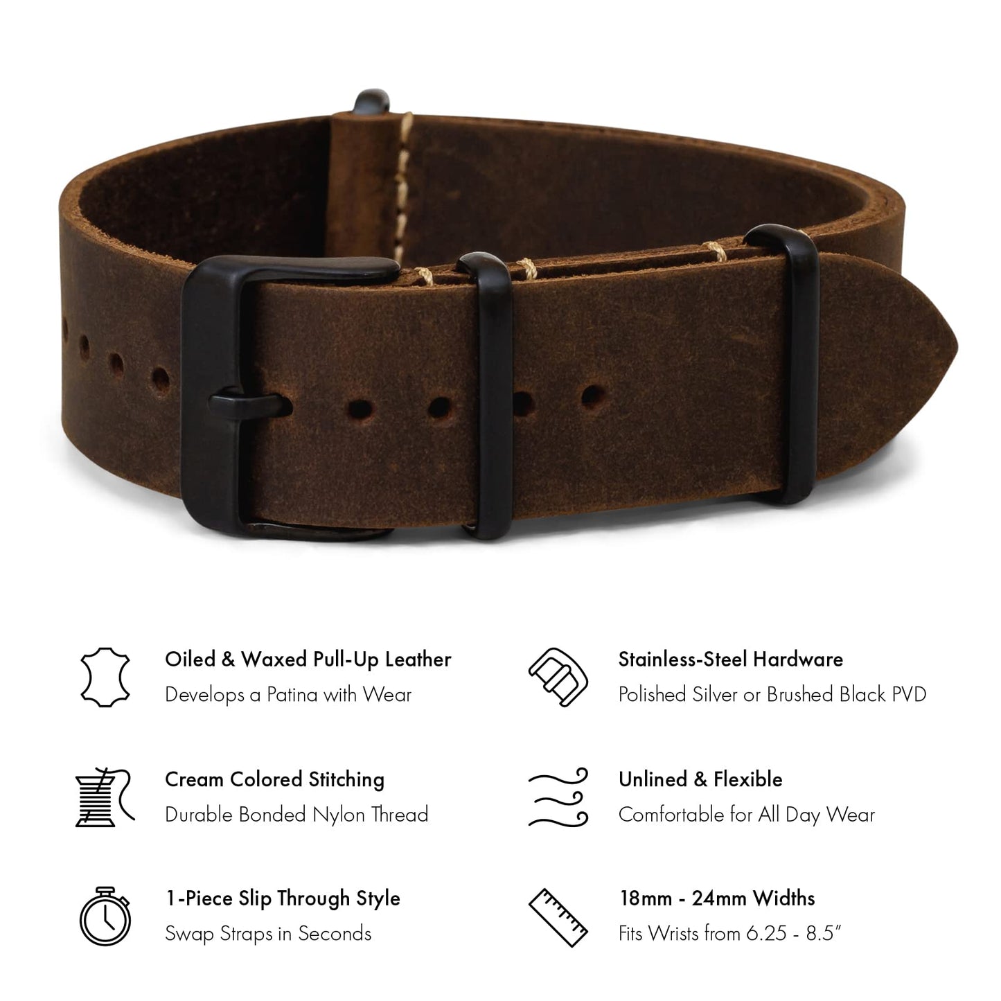 Benchmark Basics Leather Watch Band - Crazy Horse Oiled Leather One-Piece Watch Straps for Men & Women - Choice of Color & Width - 18mm, 20mm, 22mm or 24mm (24mm, Dark Brown PVD)