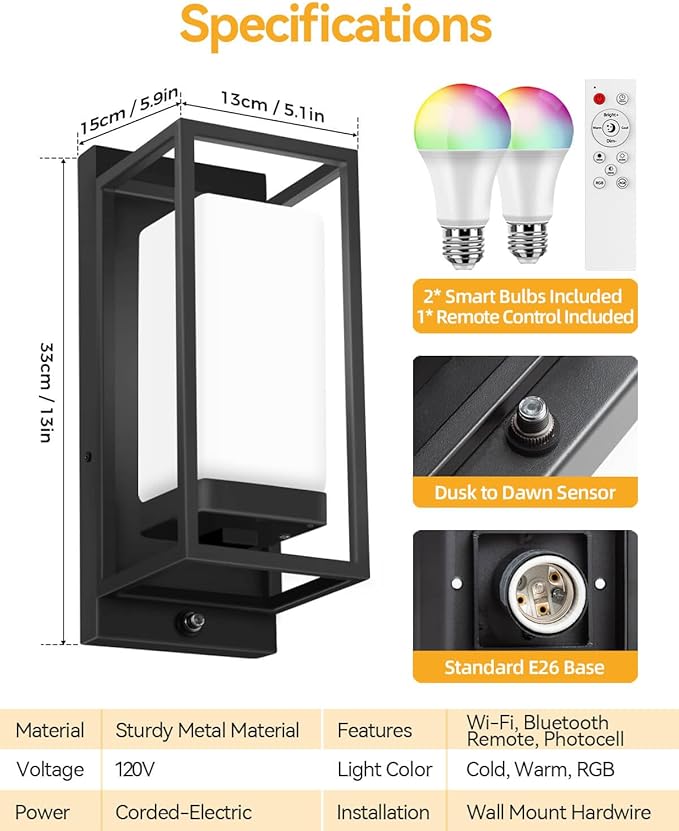 Smart Outdoor Wall Light, RGB Color Changing Sconce with App & Voice Control, Dusk to Dawn Outdoor Lighting, Adjustable 2700K–6500K, Waterproof Exterior Light Fixture for House Porch Garage, 2 Pack