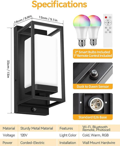 Smart Outdoor Wall Light, RGB Color Changing Sconce with App & Voice Control, Dusk to Dawn Outdoor Lighting, Adjustable 2700K–6500K, Waterproof Exterior Light Fixture for House Porch Garage, 2 Pack