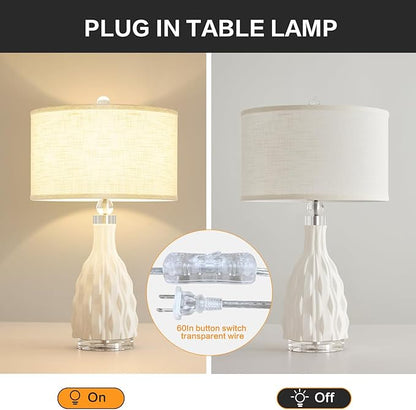 Modern White Textured Ceramic Table Lamps 22.5In, Plug in Table Lamp Decor for Office Living Room Bedroom Bedside Nightstand