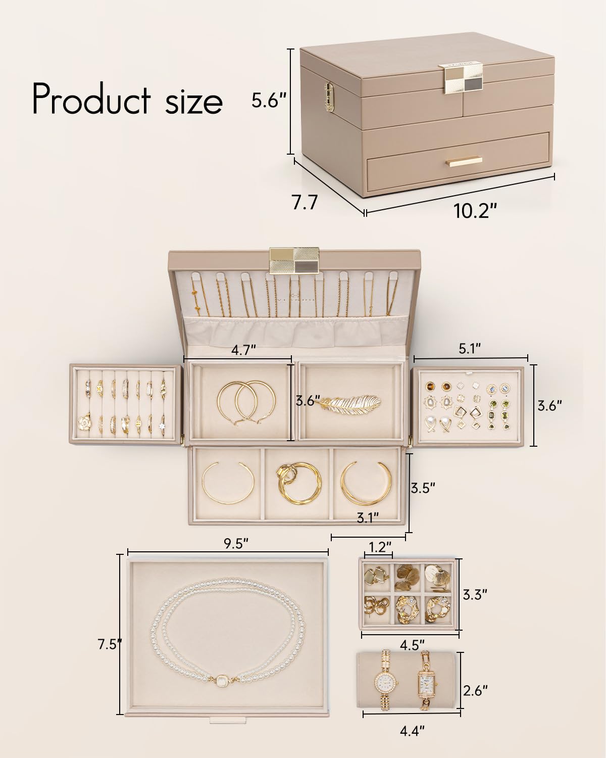 VLANDO 3 Layer Jewelry Box - Women Jewelry Box with Retractable Tray - Jewelry Organizers with Drawer for Necklaces, Rings, Bracelets, Earrings, Gift for Couples Mom Girls - Toffee